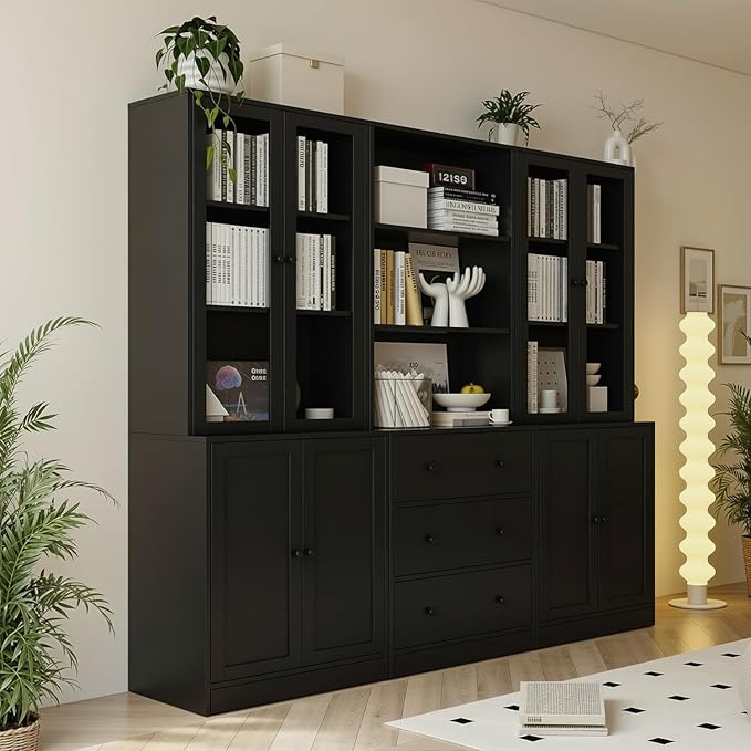 TUSY 71" H Bookshelf with Storage, 6-Tier Modern Bookshelves with 3 Large Drawer, Display Bookcase with Glass Doors, Modern 5-Tier Curio Cabinet for Home Office, Dining Room (Black, ABA)