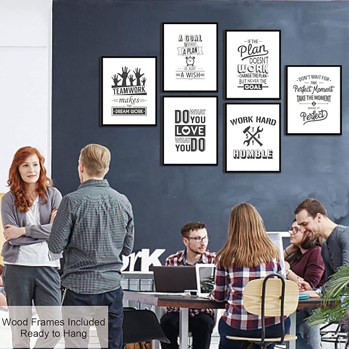 Teamwork Wall Art - Framed Motivational Canvas for Office and Bedroom - Quotes Decor Set of 6, 8X10in, Ready to Hang