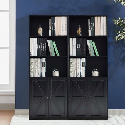 Bookshelves and Bookcases with Barn Doors Set of 2, Farmhouse Bookshelf with Display Shelves, Floor Standing 5-Tier Book Shelf with Storage Cabinet for Home Office, Living Room, Bedroom