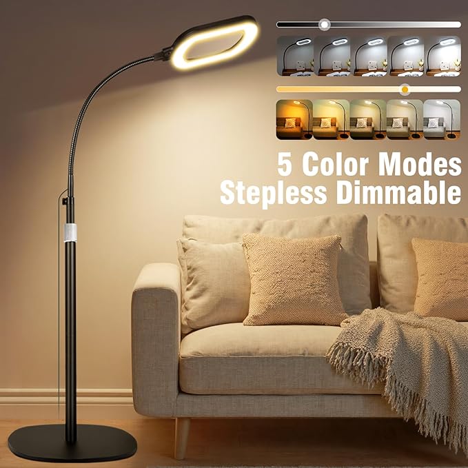 Large Magnifying Glass with Light and Stand, 10X Rectangle Optical Real Glass Lens, Height Adjustable Gooseneck Magnifier Floor Lamp, 5 Color Modes LED Dimmable Lighted Hands Free for Close Work Craft