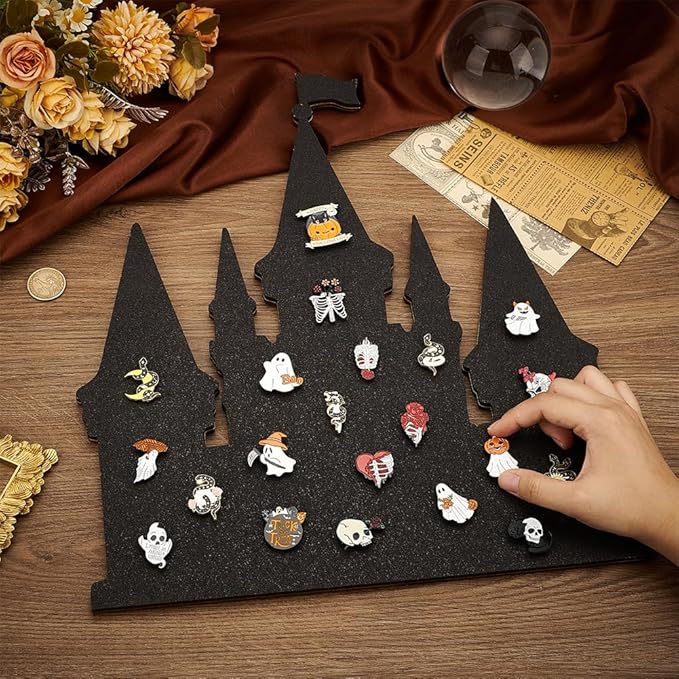 BENECREAT Castle Pin Cork Board, 14.2x11.8Inch Black Bulletin Display Board Wall Mounted Cork Board for Office Home and School Decor, Brooch Pin Collection Display