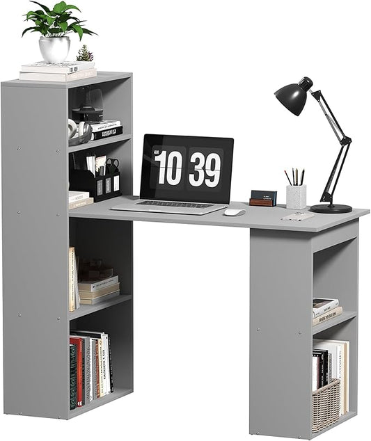 HOMCOM Modern Home Office Desk with 6-Tier Storage Shelves, 47" Writing Desk with Bookshelf, Gray