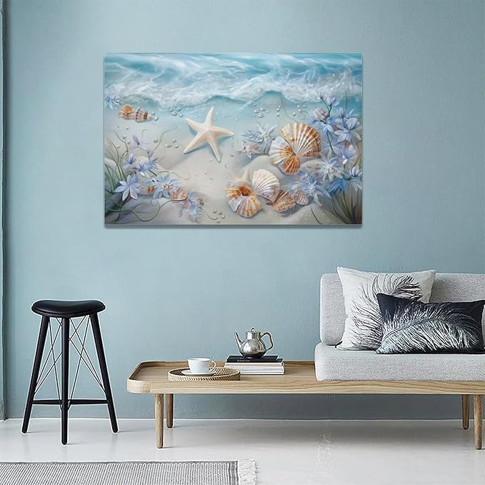 Beach Seashell Bathroom Wall Art Coastal Floral Pictures Wall Decor Flower Starfish Canvas Painting Modern Decoration Artwork for Bathroom Living Room Bedroom Office Framed 24"x16"