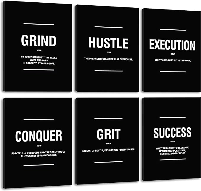 COSCTOR Set of 6 Motivational Wall Art Picture Decor Grind Hustle Execution Grit Conquer Success Canvas Framed for Office Bedroom Inspirational Workplace Posters Black and White Paintings Ready to Hang(Framed,12x16)