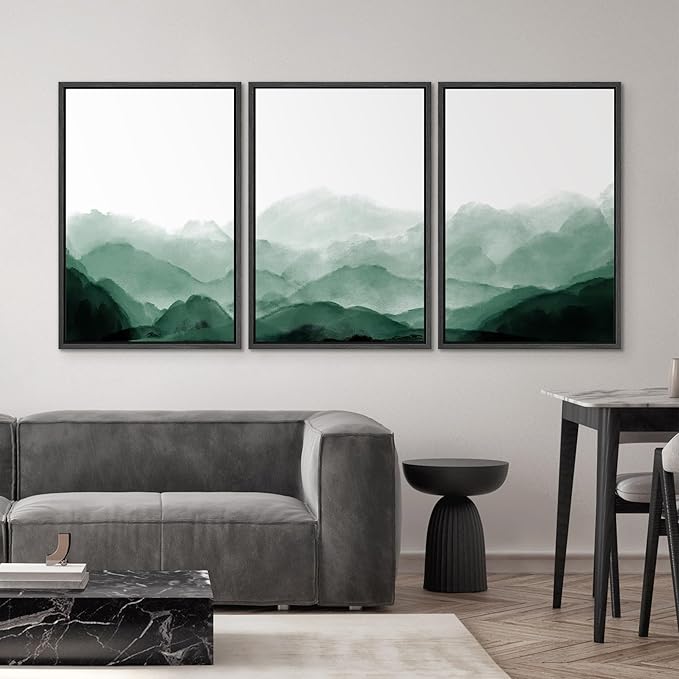 SIGNWIN Framed Canvas Print Wall Art Green Watercolor Mountains in Fog Nature Wilderness Illustrations Modern Art Rustic Scenic Relax/Calm Cool for Living Room, Bedroom, Office - 24"x36"x3 Black