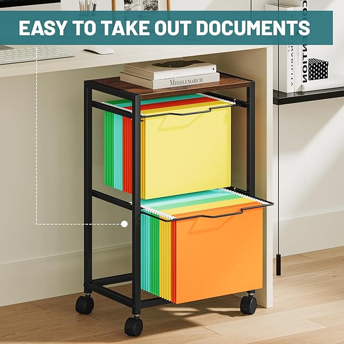 Snughome Rolling File Cart with Wheels - Hanging Files for Letter Size, 2-Tier Metal Movable Cart with Pull-Out Filing Holder