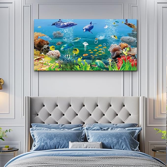 MHARTK66 Canvas Wall Art - Coral and Fish Modern Home Decor Stretched and Framed Ready to Hang Ocean Theme Sea Fish and sea Turtles Mediterranean Style Canvas Prints The living room Wall Decor