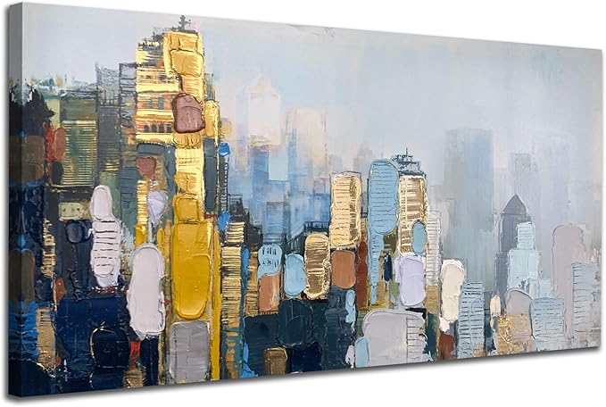 Arjun Neutral Wall Art Painting Abstract Art Wall Decor Canvas, Large Textured Skyline for Living Room Gold Painting Modern Wall Art for Men Bedroom Cityscape Artwork Home Office Wall Decor, 40"x20"
