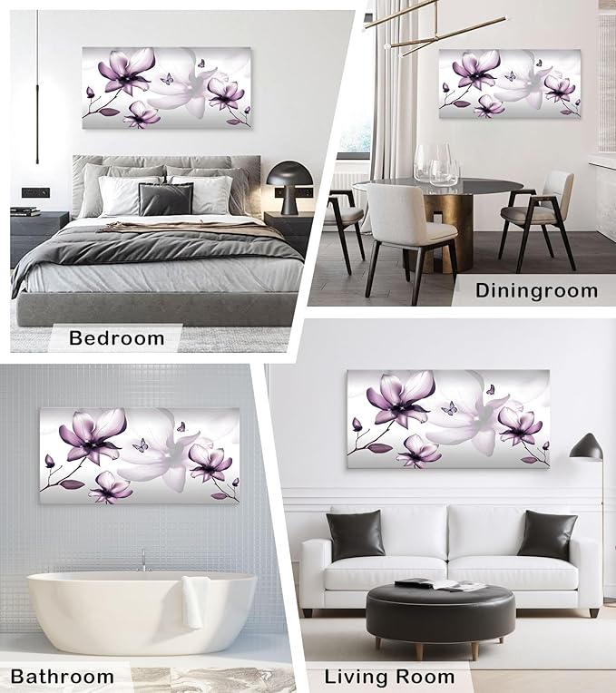 Muolunna BK06575 Purple Magnolia with Butterfly Flower Canvas Wall Art Picture 1 Panel 3D wallpaper Modern Art Prints Painting For Bedroom Modern Office Wall Decor Artwork