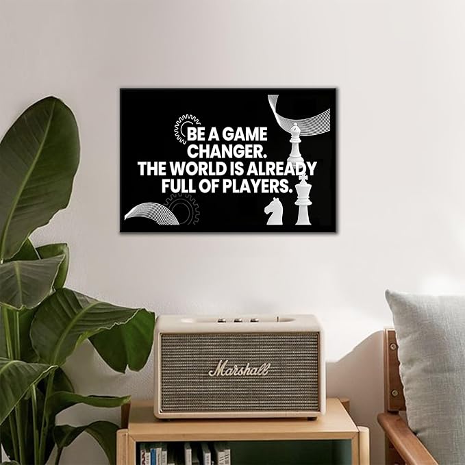 PSYYSP Motivational Wall Art For Office Inspirational Quotes Be A Game Changer Canvas Print Framed Chess Poster For Men Desk Decor Strategy Leadership Empowerment Small 12x18 Inch Artwork