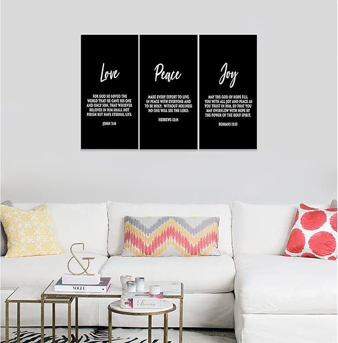 3 Piece Inspirational Wall Art, Black Sayings Prints Picture, Quotes "Love Peace Joy" Motivational Canvas Art for Religious Decor Gifts, Stretched And Framed Artwork for Home Wall Decor (36"Wx24" H)