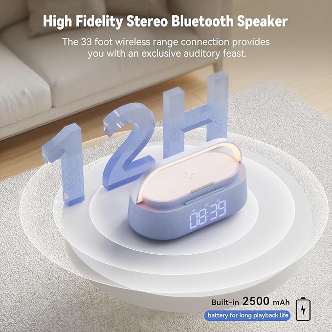FREEFISH 6-in-1 Bluetooth Speaker with Wireless Charging, FM Radio,Bedrooms Dimmable Nights Light, Snooze Function for Home, Office, Wireless Charger Compatible iPhones 16/15/14/13/12