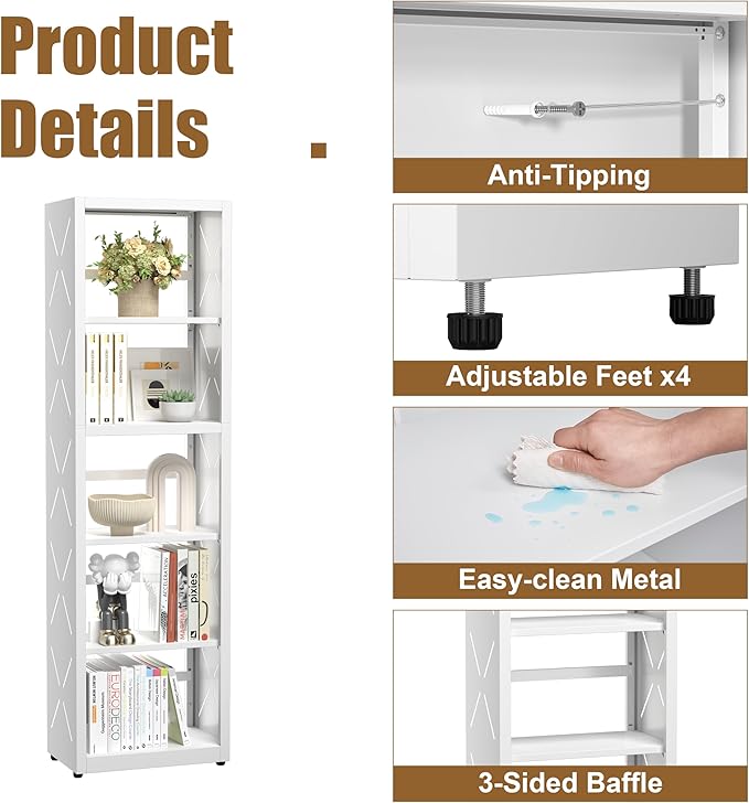 5 Tier Bookshelf, 55"Tall Metal Bookcase with Adjustable Shelves, Modern Display Book Shelf, White Bookcase Shelf, Utility Shelf, Storage Shelves for Office, Living Room, Kitchen, Study-16"W