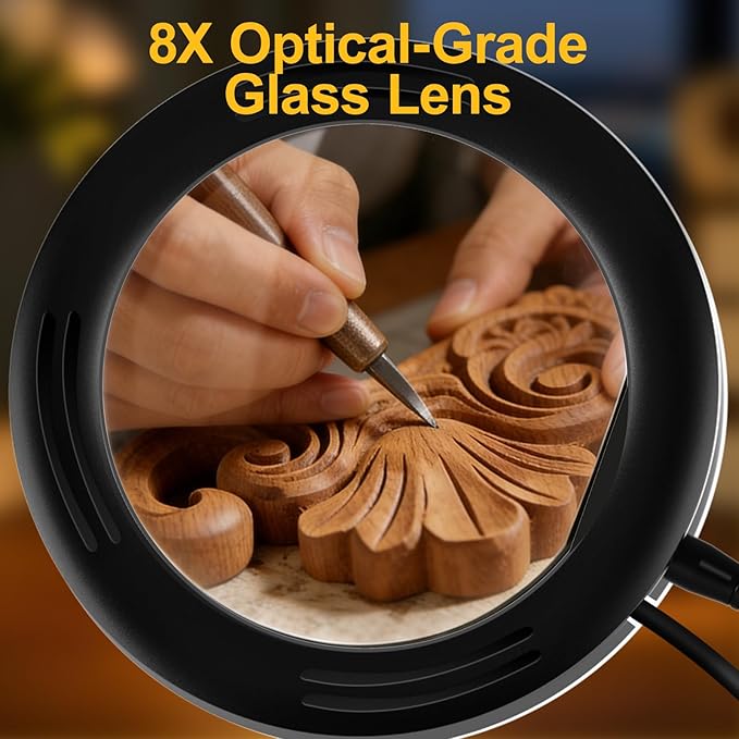 8X Magnifying Glass with Light and Battery Adapter for DeWalt 20V Li-ion Battery, 72 LED 3 Color Modes Stepless Dimmable Desk Lamp, Hands Free Flexible Gooseneck Magnifier for Close Works Crafts Hobby