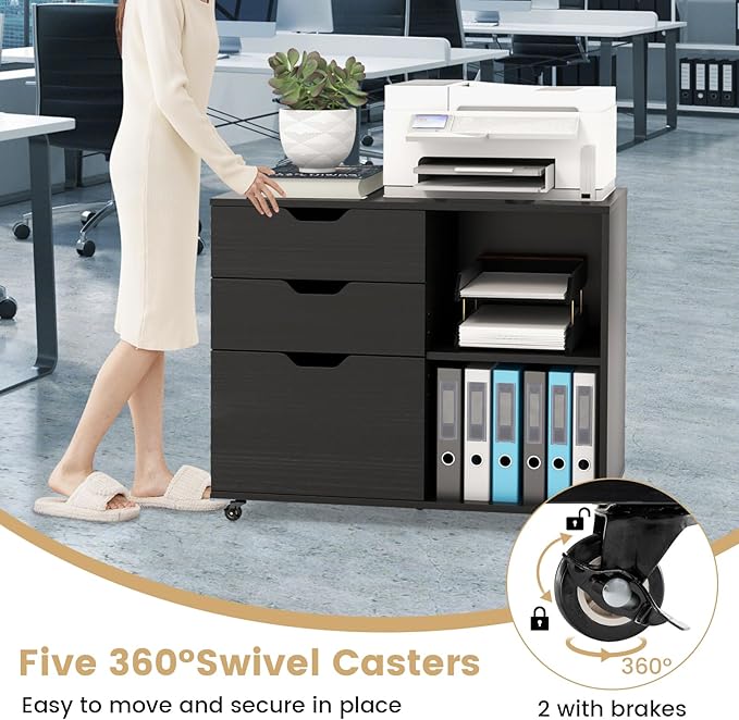 Giantex 3 Drawer File Cabinet, Office Storage Cabinet Fits Files Letter, A4, Legal Size, Rolling Printer Stand with Adjustable Shelf, Office Organization and Storage, Lateral Filing Cabinet (Black)