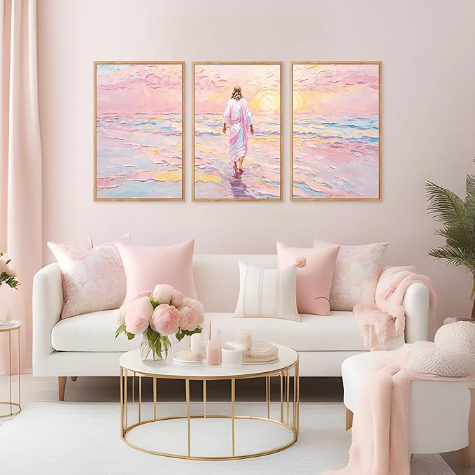 CHDITB Jesus Walking on Water Framed Canvas Wall Art(16"x24"), 3 Panels Colorful Abstract Christian Bible Story Faith LDS Artwork Prints, Large Religious Watercolor Boho Sunset Landscape Christ Gift Decor for Home Office Bedroom