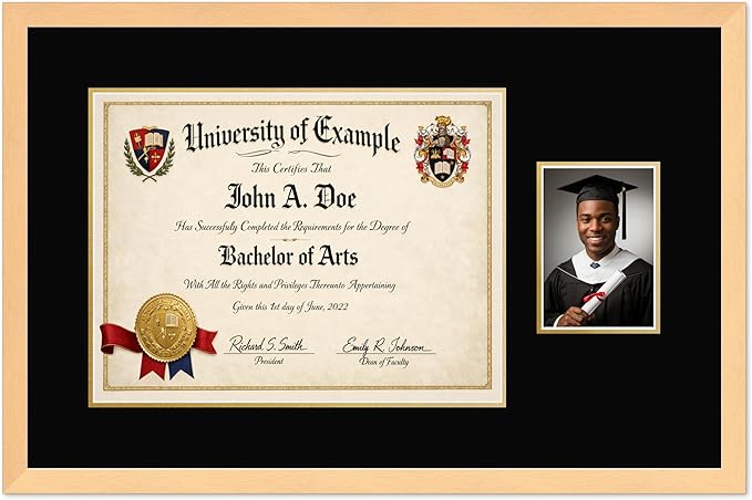 CountryArtHouse Fits 17 x 13 International Diploma and 5 x 7 Photo Diploma and Photo Frame Natural Wood Genuine Hardwood with Black Over Metallic Gold Double mat