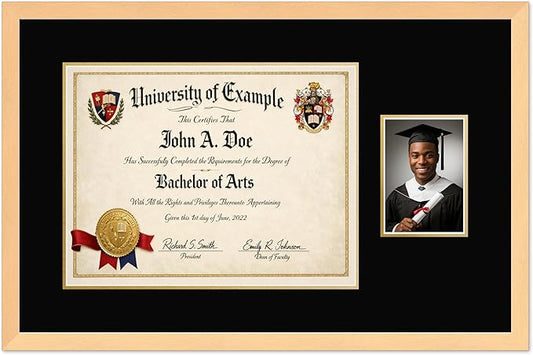 CountryArtHouse Fits 17 x 13 International Diploma and 5 x 7 Photo Diploma and Photo Frame Natural Wood Genuine Hardwood with Black Over Metallic Gold Double mat