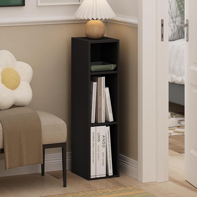 Furinno Fulda Book Shelf, 3-Tier Narrow Bookshelf, Bookcase with 8-in Width Storage Shelf, 9.3 x 7.9 x 31.5, for Living Room, Bedroom, Home Office, Darkwood
