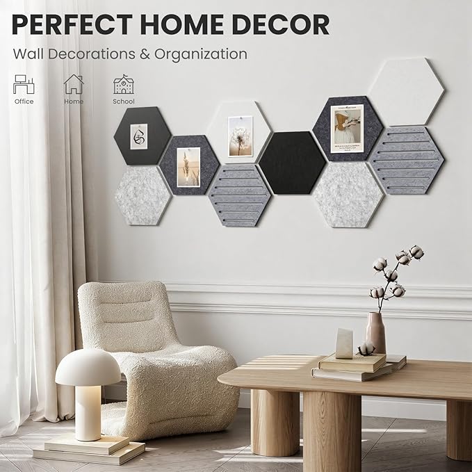 Hexagon Cork Bulletin Board Tiles, 10 Pack Felt Board with 25 Push Pins, Photo Display Board for Office & Home Classroom Wall Decor, 11.8x10.2 Inches