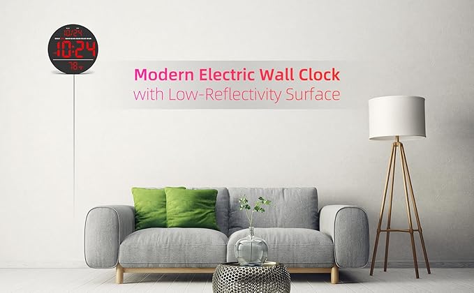Digital Wall Clock with Large LED Display, Date, Temperature, Auto-Brightness | Small [PLUG-IN] Clock | Modern Electric Wall Clock for Bedroom, Classroom, Living Room, Home, Office, Farmhouse – Red