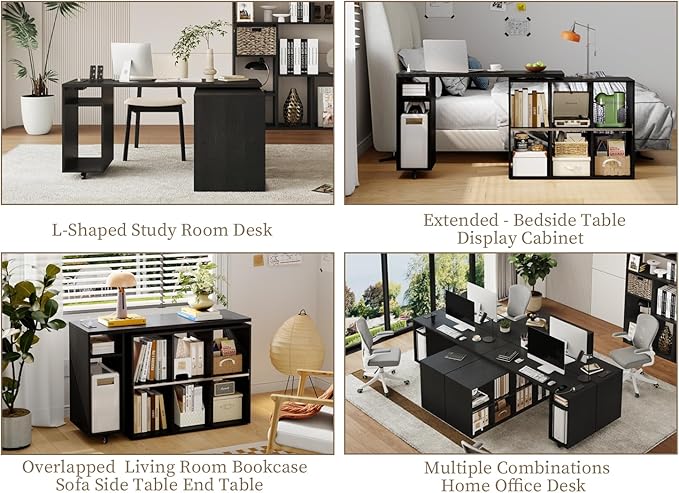 Black L-Shaped Computer Desk with Storage Shelves, Small Study Writing Desk with Charging Station, 67” Bedroom Side Table & 360° Rotating Desk for Living Room