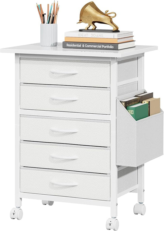 5 Fabric Drawers File Cabinet with Side Pocket, Rolling Printer Stand with Storage for Home Office, Wood Top Storage Cabinet for Documents and Crafts, White, 15" D