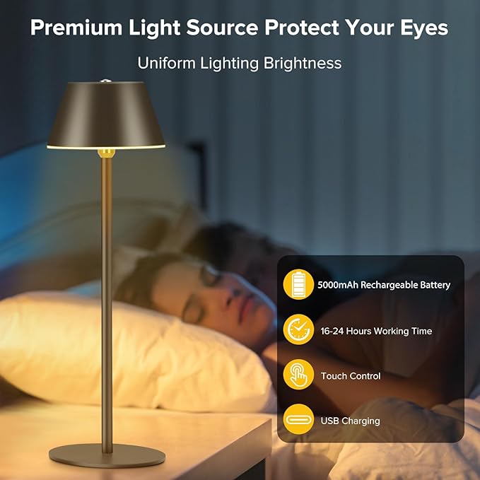 Cordless Table Lamps, LED Rechargeable Battery Operated Lamp with 2 Adjustable Height 3 Colors Stepless Dimming, Touch Control Wireless Desk Lamp for Restaurant,Bars,Coffee Shop (Black Set of 1)
