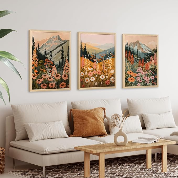 Hianan Boho Daisy Sunset Wall Art, Colorful Mountain Wildflower Wall Decor, Vintage Wildflower Canvas Painting, Modern Botanical Flower Aesthetic Picture for Bedroom Living Room Wood Framed 16"x24"x3