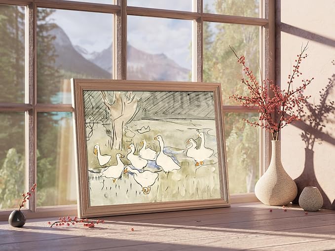 Kizbok Vintage Duck Wall Art Print - Neutral Rustic Watercolor Geese Canvas Oil Painting, Antique Animal Poster for Nursery Wall Decor, Kids Bedroom & Bathroom Decor (8" x 10" - UNFRAMED)