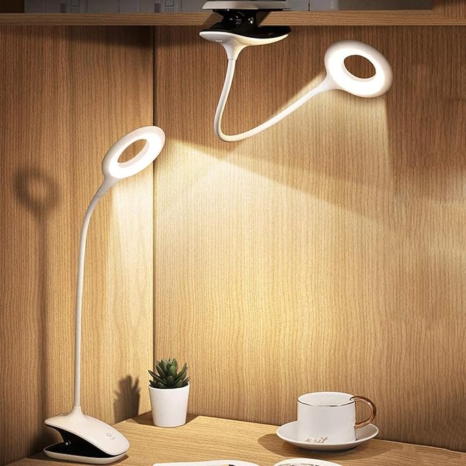 Clip On Reading Light for Bed Headboard, USB Rechargeable Clip Lamp for Dorm Room Essentials, Touch Dim, 3 Colors, Eye Protect Desk Lamp for College Dorm Room, White