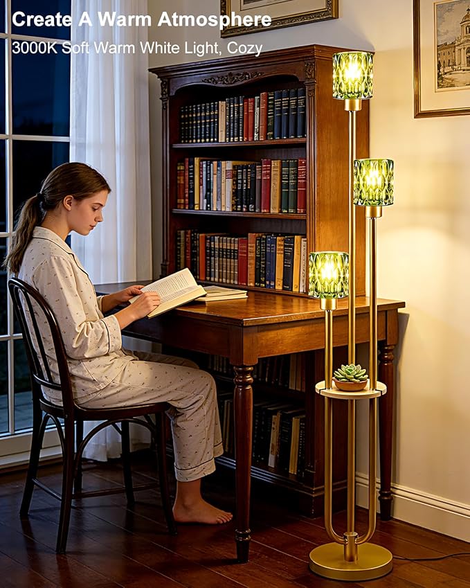 3-Light Modern Glass Floor Lamp with Shelf, Gold Tall Standing Lamp with Green Flower Glass Shade, Industrial LED Floor Lamp with Foot Switch for Living Room Bedroom Home Decor, Bulb Included