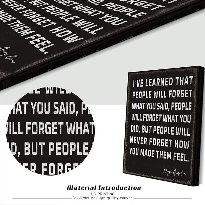 WOWGOOMO Retro Inspirational Canvas Wall Art Maya Angelou Quotes I've Learned That People Will Never Forget How You Made Them Feel Motivational Positive Painting Wall Decor for Home Office Framed Gift