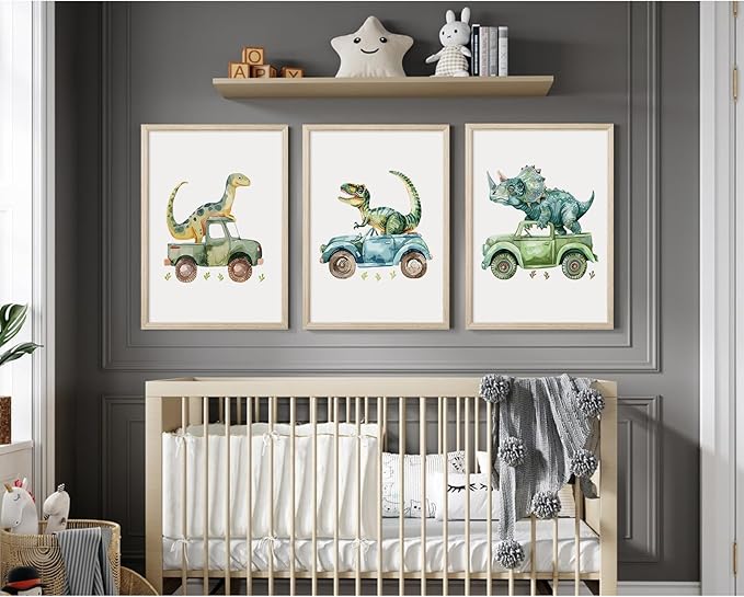 Dinosaur Nursery Wall Art Kids Canvas Poster Baby Boy Nursery Wall Decor Green Dino Pictures Toddler Prints Cartoon Dino Car Painting Boys Room Artwork for Bedroom Bathroom 12x16x3 Inch White Framed