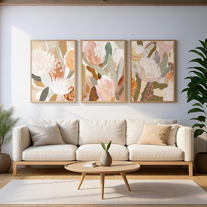 Abstract Flower Wall Art Boho Floral Wall Decor Modern Botanical Canvas Prints Neutral Banksia Flower Pictures Minimalist Floral Poster Painting for Bedroom Living Room 16x24 Inch Unframed Set of 3