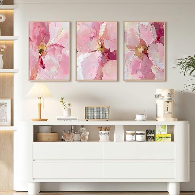 Abstract Floral Wall Art Pink Flower Canvas Pictures Modern Wall Decor Blush Pastel Pink Prints Peony Painting Minimalist Poster Botanical Artwork for Bedroom Living Room 16x24 Inch Unframed set of 3
