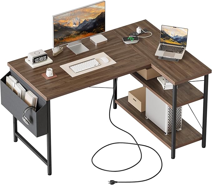 Mericonia Small L Shaped Computer Desk with Power Outlets, Reversible Gaming Desk with Storage Shelves, Corner Gamer Desk Table, Study Writing Table