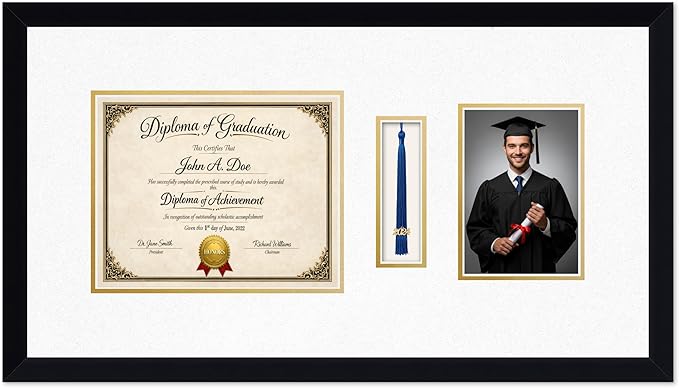 Diploma Tassel and Photo Frame Matte Black Shadowbox Oyster Shell Over Gold Mat - Fits 10 x 8 Degree Picture Made in the USA