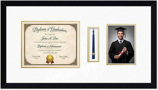 Diploma Tassel and Photo Frame Matte Black Shadowbox Oyster Shell Over Gold Mat - Fits 10 x 8 Degree Picture Made in the USA