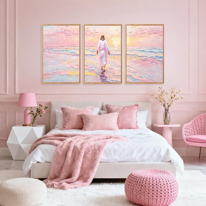 CHDITB Jesus Walking on Water Framed Canvas Wall Art(24"x36"), 3 Panels Colorful Abstract Christian Bible Story Faith LDS Artwork Prints, Large Religious Watercolor Boho Sunset Landscape Christ Gift Decor for Home Office Bedroom