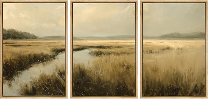 SIGNWIN Framed Canvas Print Wall Art Set Creek Through Golden Grasslands Illustrations Decorative Relax/Calm Zen for Living Room, Bedroom, Office - 24"x36"x3 NATURAL