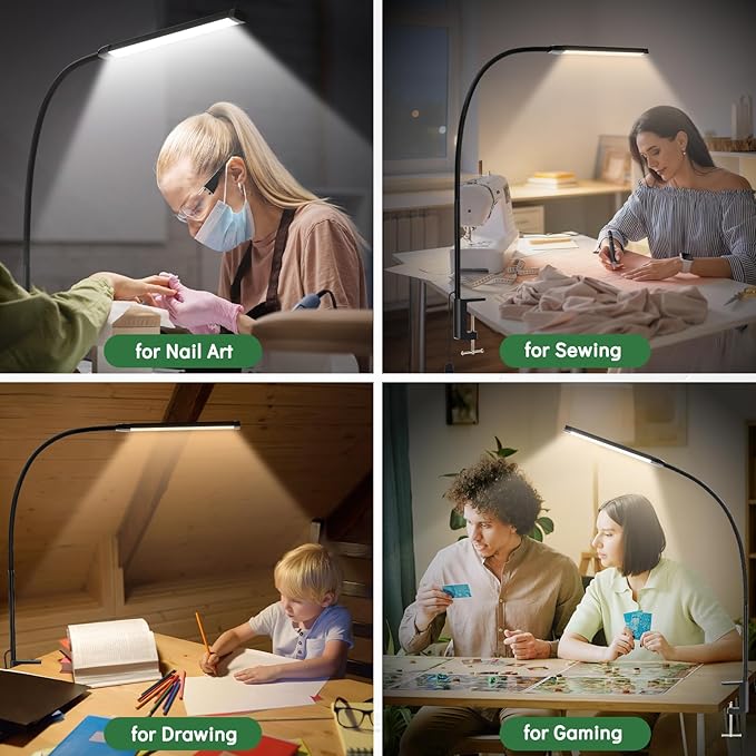 Clamp Lamp for Desk, Eye-Caring LED Clip Light, 27"Tall Flexible Arm, 3 Color Modes 10 Brightness, USB-Powered Task Lamp for Home Office Reading, Crafting, Sewing,5V/2A Adapter Included Black