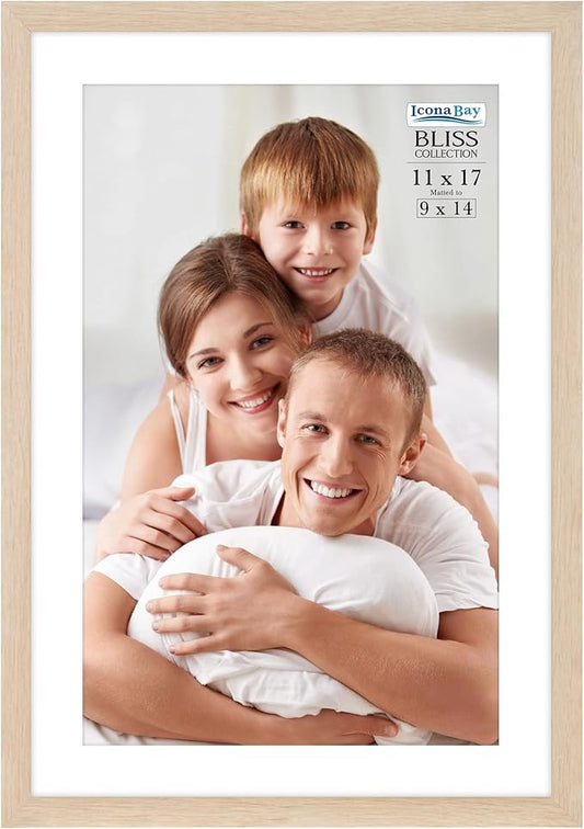 Icona Bay - 11x17 Light Oak Picture Frame Fits 10x16 Photos with Mat to 9x14 Image - Modern Style Engineered Wood Poster Frame - Wall Mount Only - Bliss Collection