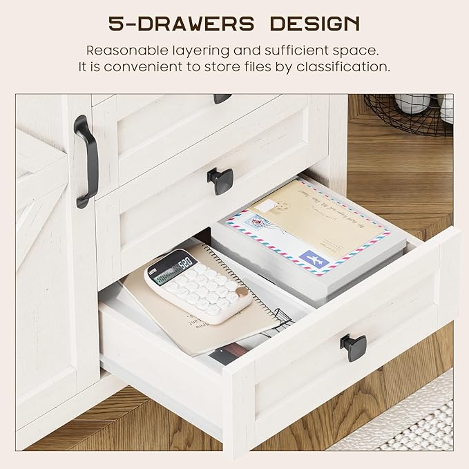 Lateral File Cabinet with 5 Drawers, Farmhouse File Cabinet with Adjustable Shelf, Large Wood File Storage Cabinets Printer Stand for Home Office Cabinets, Rustic White and Brown