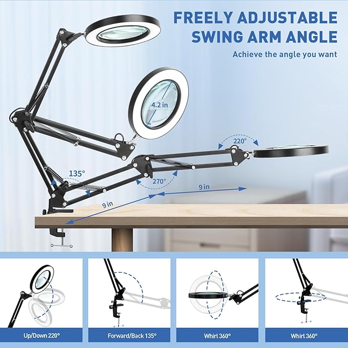 HITTI 10X Magnifying Glass with Light, 1,800 Lumens Stepless Dimmable, 3 Color Modes, 4.2″ Real Glass Lens LED Desk Lamp & Clamp, Magnifier Light and Stand for Crafts, Soldering, Fly Tying, Close Work