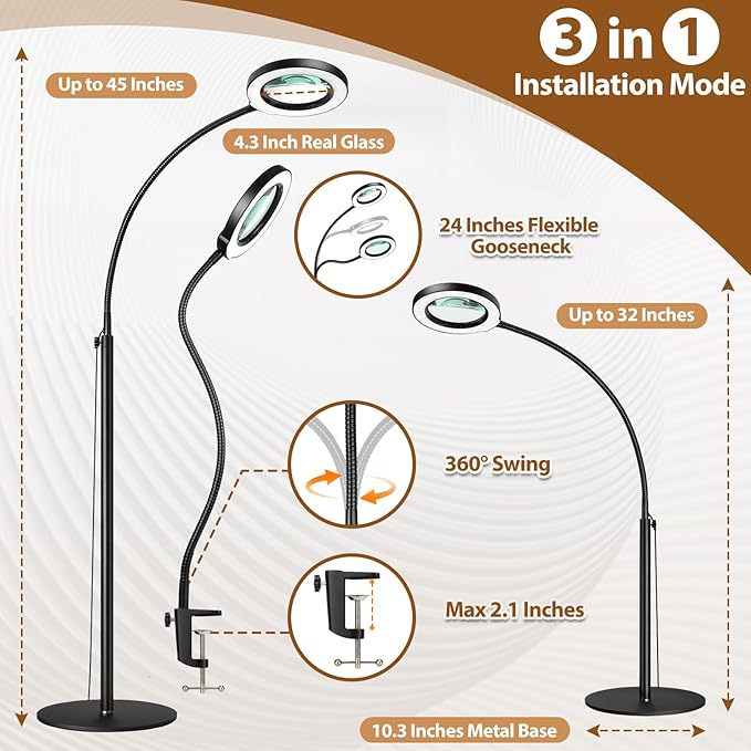 8X Magnifying Glass with Light and Stand, Krstlv 24" Flexible Gooseneck Magnifying Floor Lamp, 3-in-1 LED 5 Color Modes Stepless Dimmable Lighted Magnifier Hands Free for Close Work, Hobby, Esthetican