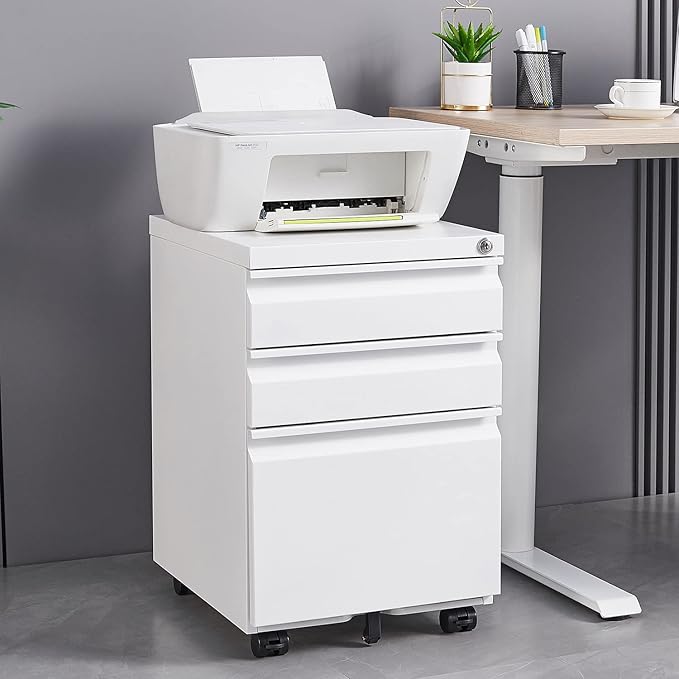 3 Drawer Mobile File Cabinet with Lock, Under Desk Metal Filing Cabinet for Legal/Letter/A4 File, Fully Assembled Except Wheels (White)