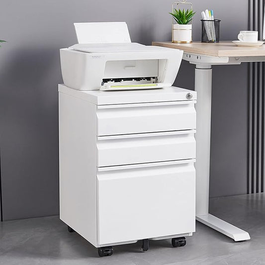3-Drawer Mobile File Cabinets Black File Cabinet Under Desk Metal Filing Cabinet Rolling Metal Filing Cabinet for Legal and Letter Files with Anti-Tilt Design with Locking Fully Assembled (White)