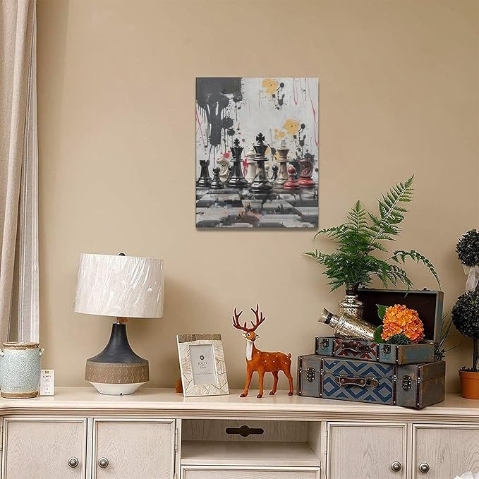 Chess Wall Art Intelligence Game Room Pictures Wall Decor Graffiti Chess Challenge Canvas Painting Print Home Modern Artwork Decorations Framed for Bathroom Living Room Bedroom Office 16 x 20 inch
