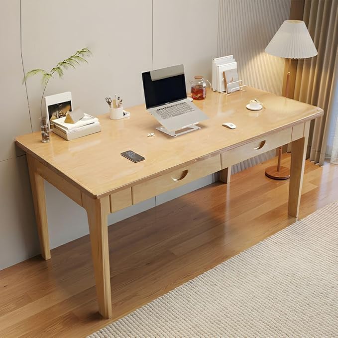 RUNNUP Modern Wood Writing Desk with 2 Drawers 47" Home Office Desk Simple Study Desk for Small Spaces, Without Chairs Natural